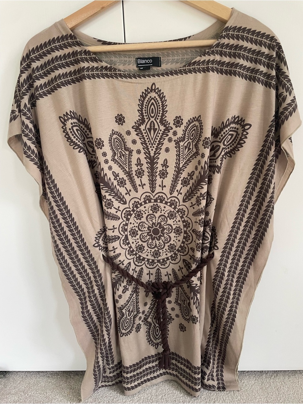 Beige Short Sleeve Tunic with Brown Medallion Print